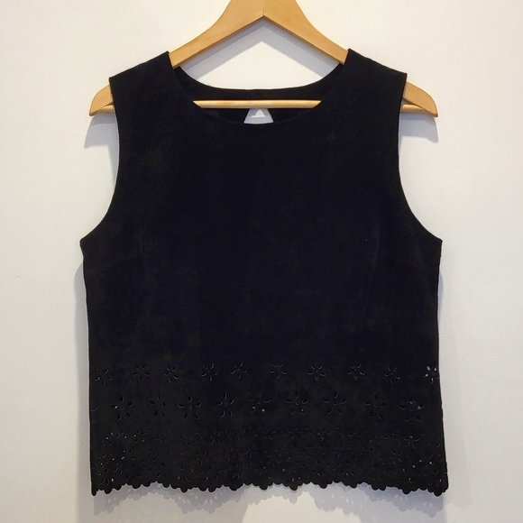 Lakeland Tops - Lakeland Black Suede Leather Sleeveless Top, Lasercut Details, Size US 8, EUC